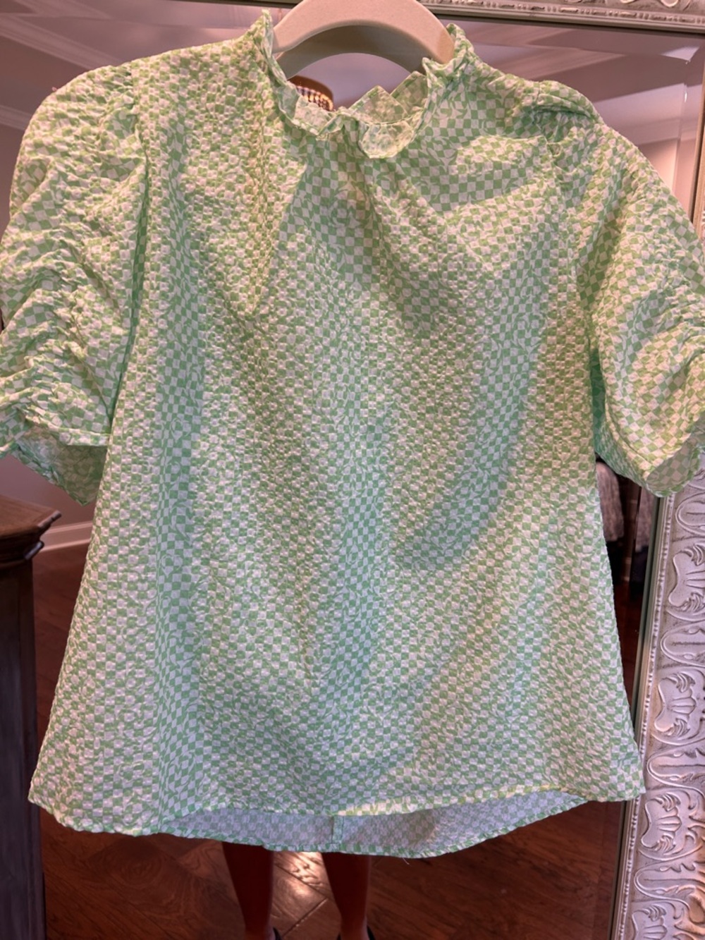THML Mint Green Checkered Ruffle-Neck Blouse